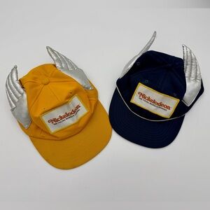 Set of TWO Vintage Promotional Nickelodeon Winged Caps Yellow and Navy